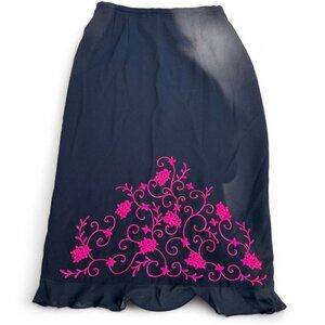 Y2K floral black and pink whimsical embroidery maxi skirt 14 witchy fairycore